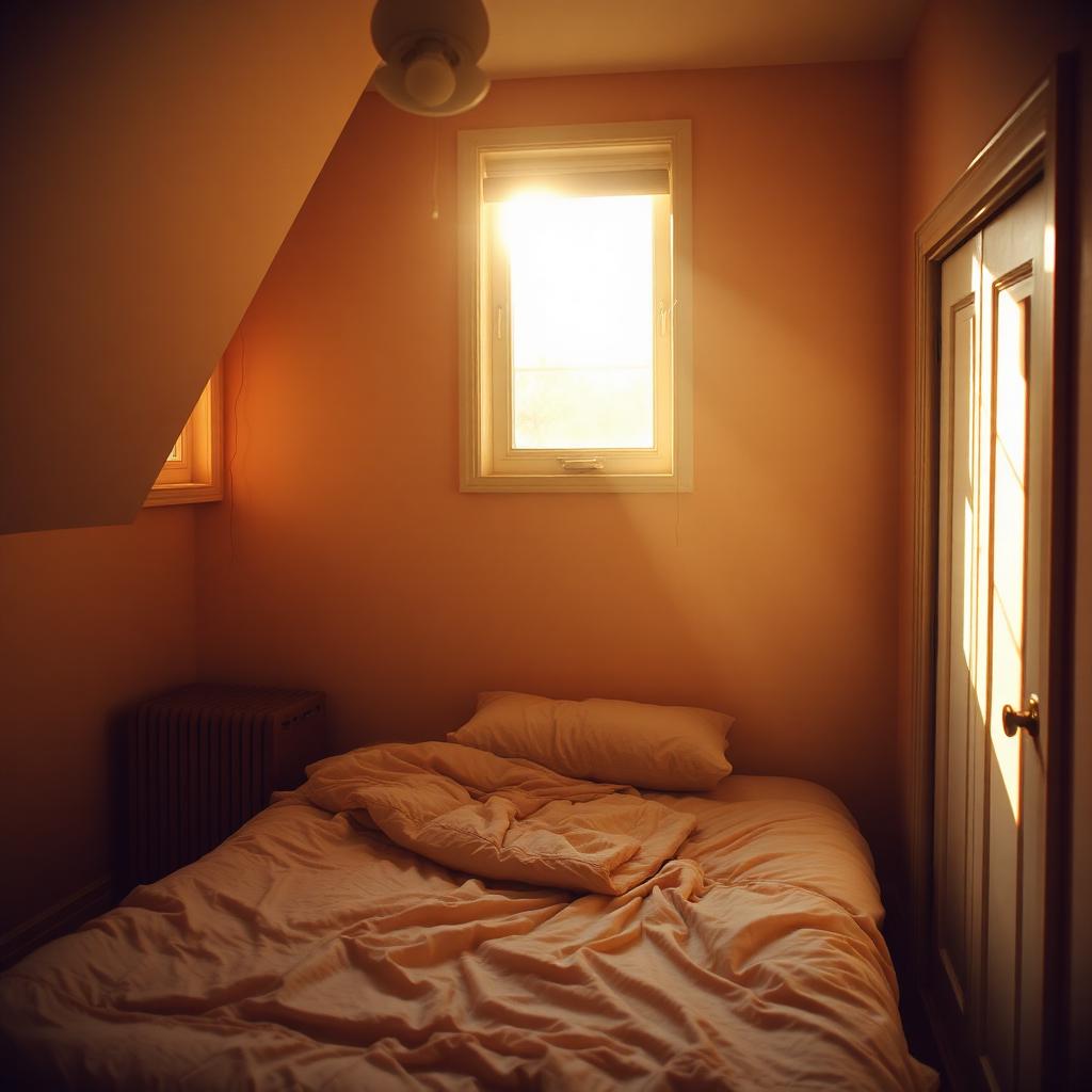Chambre à l'étage baignée d'une lumière chaude et étouffante