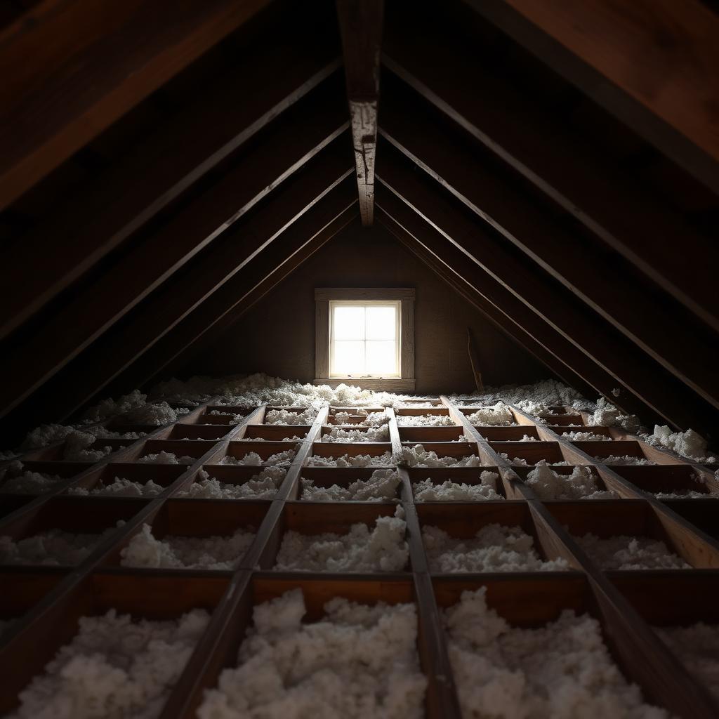 Intérieur d'un entretoit avec isolant tassé entre les solives de bois